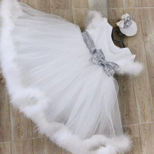 White Baby Toddler Girls First Communion Feather Dresses Luxury Baby Girls Christening Baby Dresses Heandpiece Custom