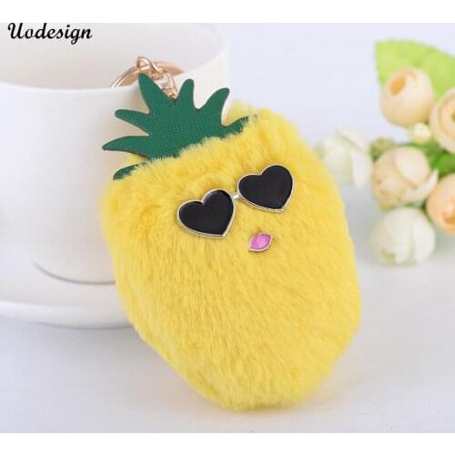 3 Colors Fluffy Fake Rabbit Fur Ball Pompom Glasses Pineapple Car Keychain For Women Handbag Key Ring Keyholder Soft Key Chains