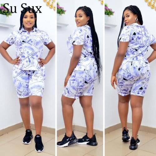 Plus Size Tracksuit 2 Piece Set Women Sportswear Outfits Sleeve Turn Down Collar Top and Short Pants Suit Vestidos 2021 Summer