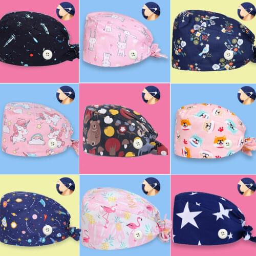 Clearance Pattern Scrub Cap Tie Back Working Hat 100% Cotton Washable Sweatband Beautician Dust Proof Scrub Caps