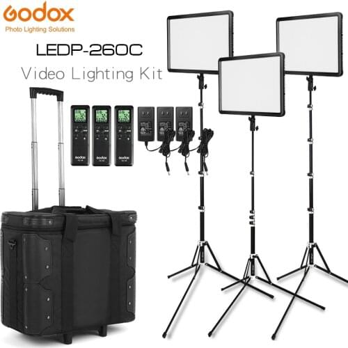 Free DHL Godox LED Light Kit 3x LEDP-260C 3300-5600K Video Light + Light Stand + Roller Carry Bag Video Studio Lights