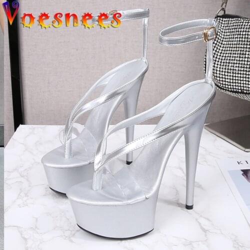 Voesnees Sandals for Women Summer Thick Soles Women Shoes Ankle Strap High Heels Sexy Patent Leathe Flip Flops Ladies Party Shoe