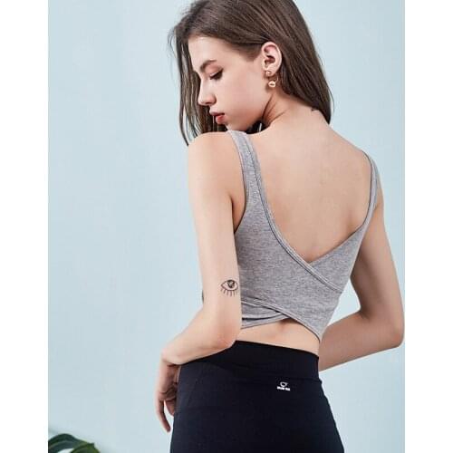 Women Fashion Gray White Padded Camis Sexy Back Backless Tops Tanks Cross Back Wireless Push Up