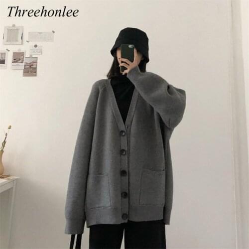 Women Korean New Cardigan V-neck Retro Vintage Single Breasted Teens Knitted Outerwear All-match Female Sweater