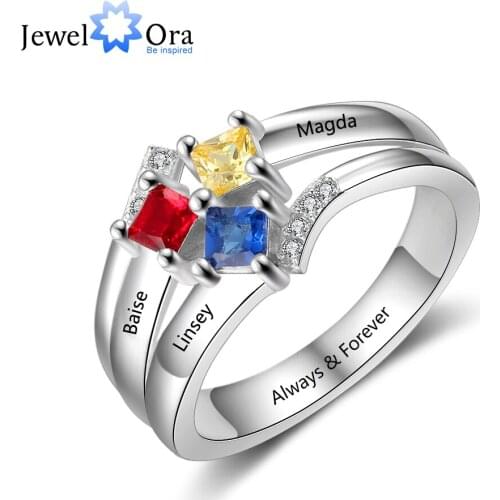 Personalized Name Ring with 3 Square Birthstones Real 925 Sterling Silver Rings for Women Custom Jewelry Gift(JewelOra RI103854)