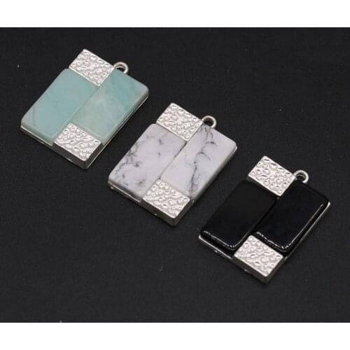 1pcs Natural Stone Rectangle White Turquoises Black Agates Pendants for Necklace Jewelry Making DIY Accessory Gift Size 18x26mm