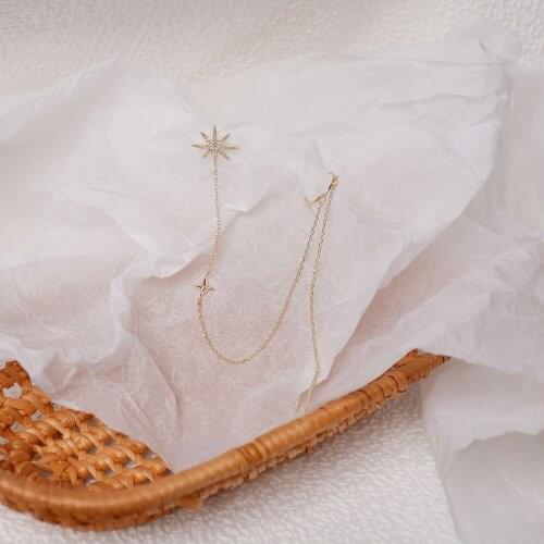 14k Real Gold Fashion Jewelry Crystal Star Chain Exquisite Stud Earrings for Woman Holiday Party Elegant Simple Earring
