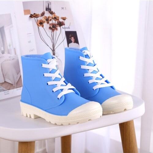 2019 Kid Casual Fashion PVC Martin Rain Snow Boots Waterproof Women Ankle Lace-Up Woman Rainboots Water Shoes Big Size 36-40