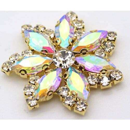 4.5cm Flower Shape Rhienstone Applique Crystal Strass Sew on Rhinestones with gold silver base for Clothes Dress Decoration