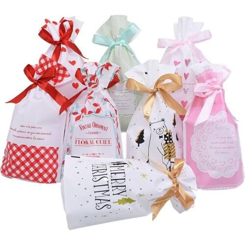 5pcs Merry Christmas Candy Bag Plastic Gift Bag Drawstring Bag DIY Biscuit Cookies Packaging Bags Christmas Decor Party Favors