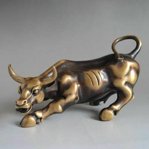 8" Ancient pure Bronze sculpture Vivid Wall Street Bronze Fierce Bull OX Statue