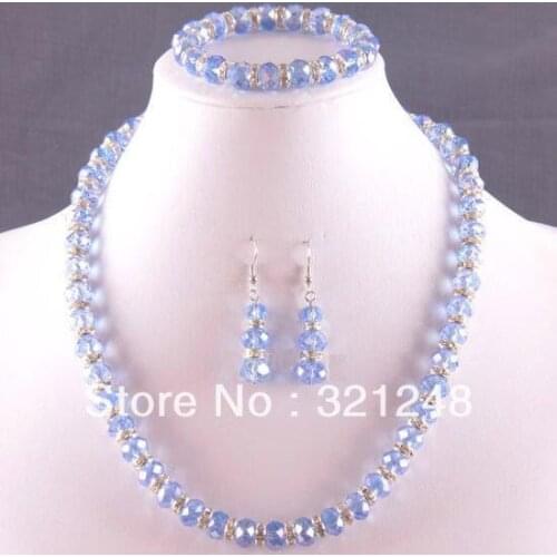 Free shopping new 2014 DIY 8X10MM Light blue Crystal Faceted Beads Necklace+ Bracelet +Earrings GE5200