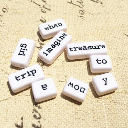 Free Shipping 520pcs/Lot White with Black Letter English Words printing Acrylic Beads Rectangle Shape Plastic Character beads