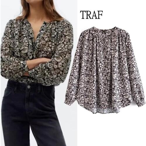 TRAF Women Summer Blouse Za 2021 Print Loose Women Clothing Long Sleeve Top Woman Button Casual Female Shirts Blusas Chic Tops