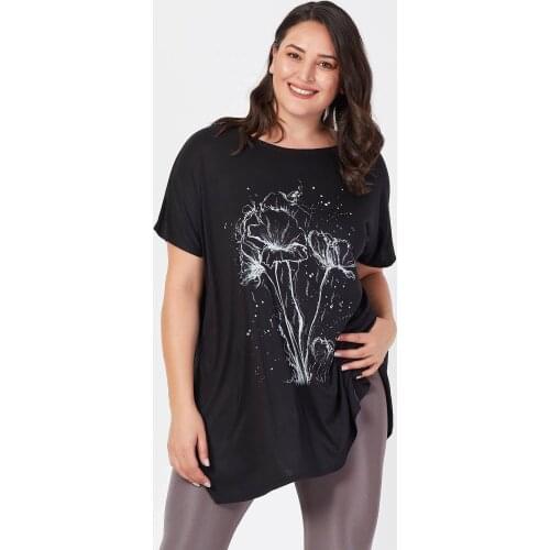Large Size Black Temporary Shed Bundle Flower Printed T-shirt Casual Light Combed Cotton Woven Modern