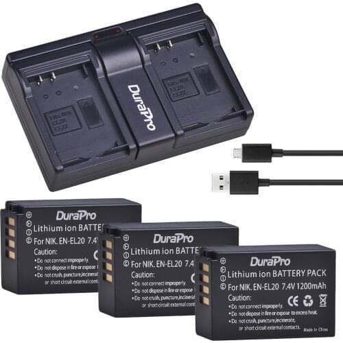 Durapro 3pc 1200mAh EN-EL20 EN EL20 Rechargeable Battery +USB Dual Battery Charger For Nikon COOLPIX A/AW1/J1/J2/J3/S1/P1 Camera