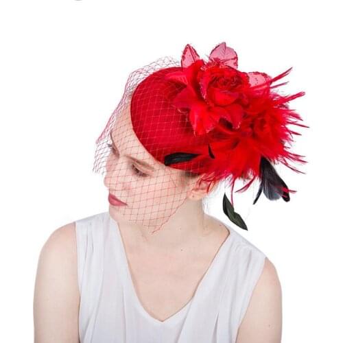 British Style Bridal Net Feather Face Veil Sweet Red Birdcage Net Wedding Veil Bridal Fascinator Flower Cotton Mesh Face Veil