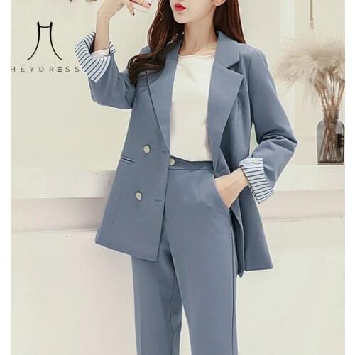 Heydress Women Solid double breasted blazer suit office lady elegant pants suit two piece set female Long sleeve work clothes