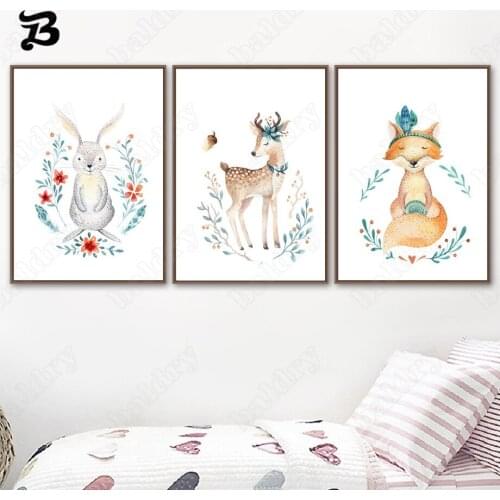 Canvas Painting for Living Room Cartoon Animals Fox Bear Deer Posters and Prints Wall Art Pictures for Kids Room Nursery Decor