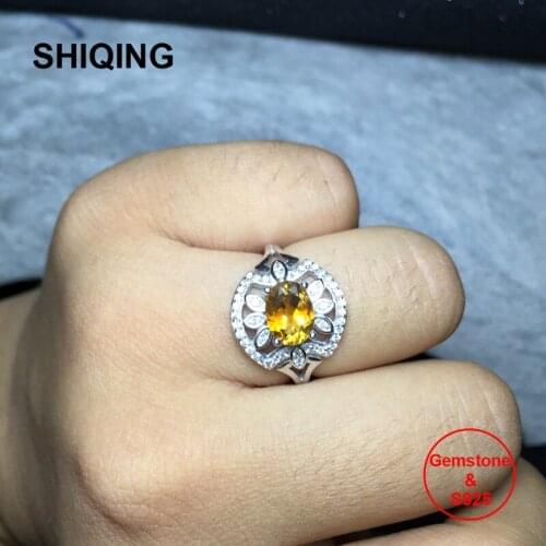 SHIQING Real Gemstone store fine jewelry nature citrine yellow sterling silver women flower vintage rings