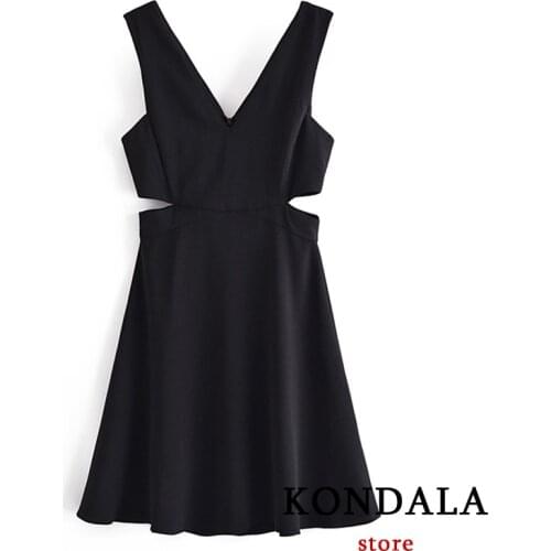 KONDALA Women Chic Black Party Dress Za Fashion 2021 V Neck Sexy Mini Dress Sleeveless Side Hole High Street Mujer Vestidos
