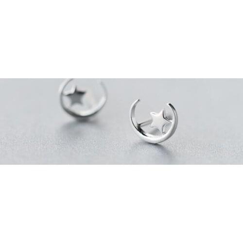 Cute Real. 925-Sterling-Silver crescent Moon star Stud Earrings tinny Jewelry GTLE1096 wholesale