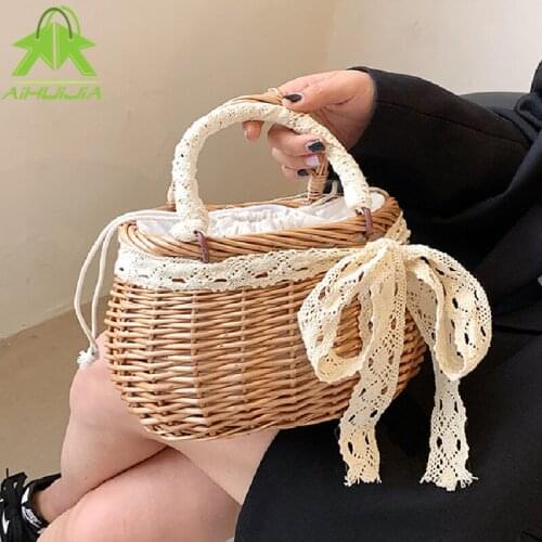 Fashion Ribbon Straw Bags for Women 2021 Summer Hand-Woven Rattan Bag Handmade Wicker Beach Bag Bohemia Handbag Bolsos Mimbre