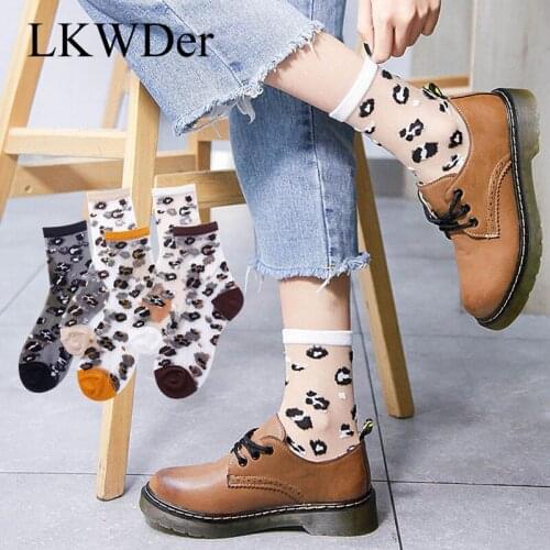 LKWDer 5 Pairs Womens Socks Summer Autumn Thin Crystal Mesh Leopard-print Transparent Socks Female Dots Glass Silk Socks Meias