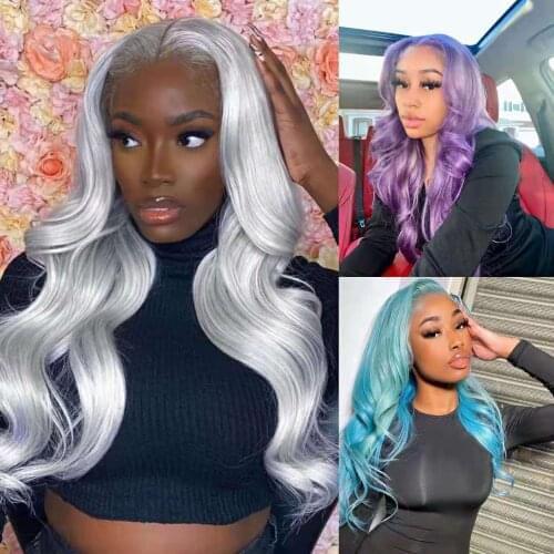 ALIFITOV Grey Colored Human Hair Wigs For Women 13x4 Lace Frontal Wig Purple Body Wave Lace Front Wig Pre Plucked Remy Blue Wig