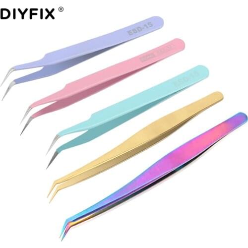 DIYFIX Eyelash Extension Tweezers Curved Tips Stainless Steel Forceps for Nail Art Rhinestones Gem Decor Picking Hand Tool