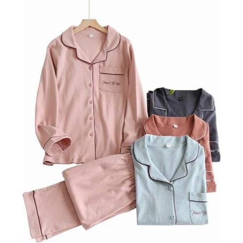 Men And Women Full Cotton Pajamas Set Lovers Comfort Solid Color Homewear 2020 Spring New Couples Turn-down Collar Sleepwear