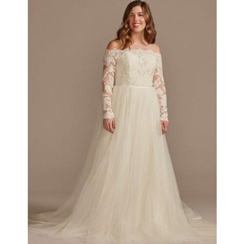 Wedding Dress With Train White Single Thread Tulle Bateau Neck Long Sleeves Applique Court Train Bridal Gowns open shoulder