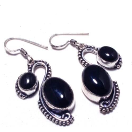 Genuine Black Onyx Silver Overlay on Copper Earrings , Hand made Women Jewelry Gift, E5300