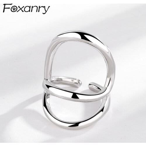 FOXANRY 925 Sterling Silver Wide Rings for Women New Trendy Elegant Creative Glossy Hollow Geometric Party Jewelry Wholesale