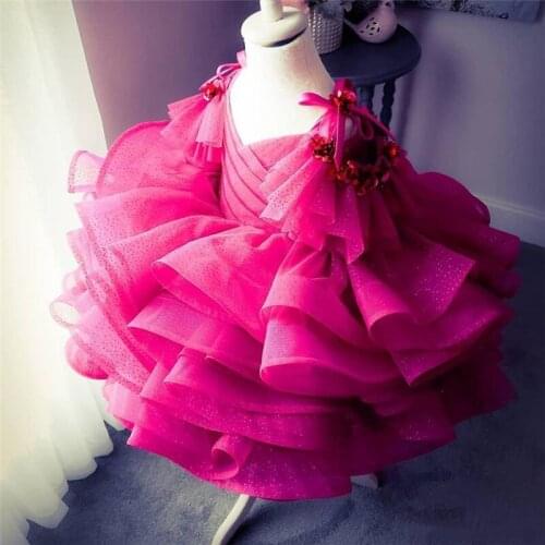 Cute Rose Red Baby Girls Dresses V neck Backless Puffy gown Baby Infant Toddler tutu cloth kids first birthday dress