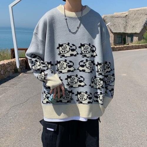Knit Sweater Men O-neck Loose Long Sleeve Bottoming Sweaters Thick Printed Cartoon Tops Autumn Winter Pullover Male Clothes 2021
