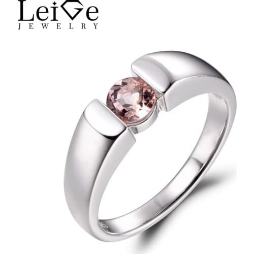 LeiGe Jewelry Natural Pink Morganite Engagement Rings Round Shape Pink Gems Ring 925 Sterling Silver Solitaire Rings for Women