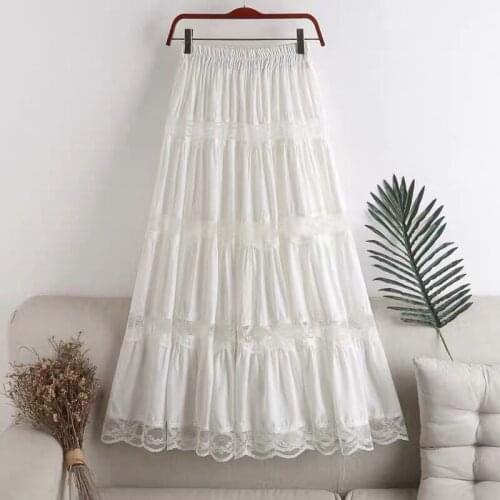 Womens Sweet Skirt Elegant Chiffon Lace Stitching A-Line Pleated Skirt Kawaii Womens High Waist Midi Skirts Black Purple Party