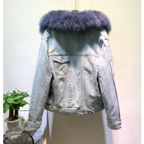 Real Fox fur thick warm denim parkas female winter fashion beading real rabbit fur liner detachable fur padded warm coat F461