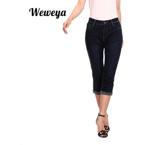 Weweya Women Summer Jeans Casual Trousers For Ladies Blue Mid Waist Skinny Denim Calf Length Jeans Stretch Female Slim Pants