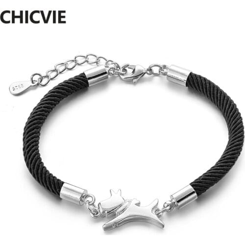 CHICVIE Crystal S925 Silver Dog Cuff Bracelets&Bangles For Women Charm Black Rope Bracelet Jewelry Making DIY Bracelet SBR190147