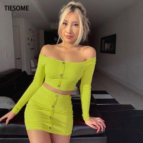 TIESOME Sexy Slim Two Pieces Long Sleeve Tee With Skirts Women Sets Summer Autumn Clod Shoulder T-shirt And Mini Skirts