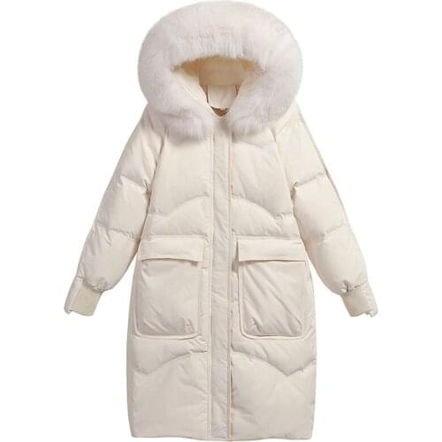 Large Natural Fox Fur Hooded Winter Down Mid-Length Coat Women 90% White Duck Down Jacket Thick Warm Parkas Female Outerwear