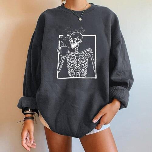 Women Long Sleeve Skull Drink Tea Happy Halloween Pullover Sweatshirt Top Shirt Solid Color Casual Daily All-match Girls T-shirt