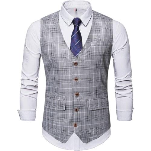 Men Vests New Autumn Plaid Pattern Business Gentleman Single Breasted Mens Casual Waistcoat