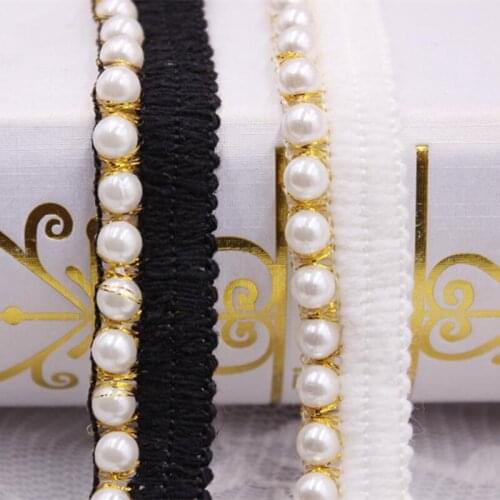 1Yards White Black Pearl Beaded Lace Ribbon Lace Trim Embroidered Lace Fabric Beaded Fringe Clothing Accessories Wedding Dress