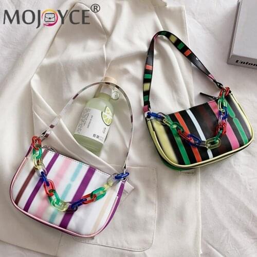2021 Pleated Female Handbag Vintage Women Color Stripes PU Underarm Bag Ladies Thick Chain Printing Handbags Women