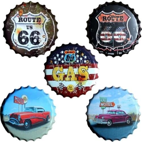 40 CM Round Route 66 Relief Bottle Cap Vintage Tin Sign Bar Pub Home Wall Decor Retro Metal Art Poster