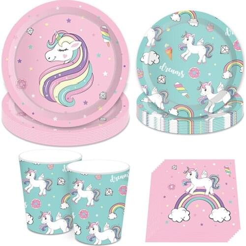 44pcs/set Pink Unicorn Disposable Tableware Kids Birthday Party Paper Plate Cups Napkins Wedding Party Decor Supplies