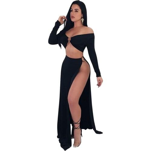 Black vest slim crop top with side slits Stella sexy hoop detail long skirt suit